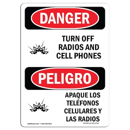 Signmission Safety Sign, OSHA Danger, 10" Height, Turn Off Radios And Cell Phones Bilingual Spanish OS-DS-D-710-VS-1706